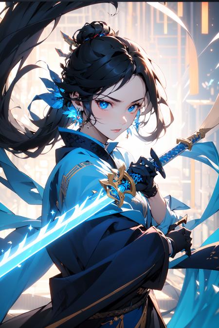 20252-1235299216-(masterpiece_1.2),best quality,Chinese style,_weapon,sword,blue eyes,1girl,jewelry,black hair,solo,holding weapon,looking at vie.png